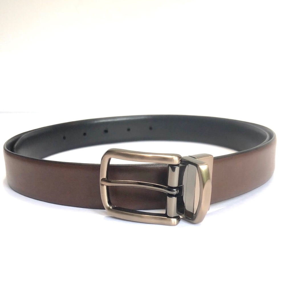 Black Brown Reversible Pewter Buckle Beveled Keeper Leather Belt size 42